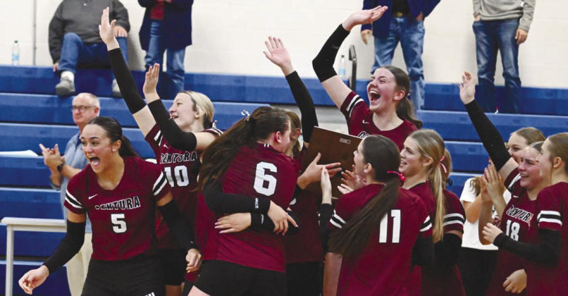 MEMBERS OF THE CENTURA HIGH SCHOOL VOLLEYBALL TEAM welcome the Centura students section into the mid-court celebration on Thursday after the Centurions beat St. Paul for their first-ever LouPlatte Conference volleyball title. Photos by Michael Happ