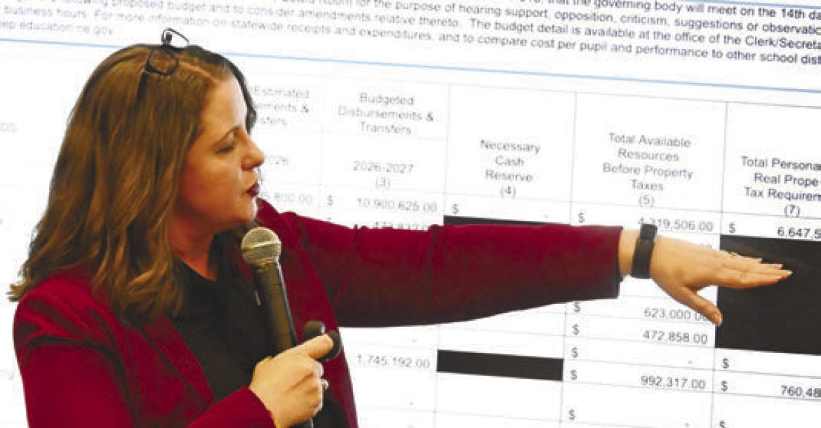 CENTURA SUPERINTENDENT DR. KAELA HENEGER explains the district’s budget to those gathered for last Wednesday’s joint public hearing on taxation. Photo by Michael Happ
