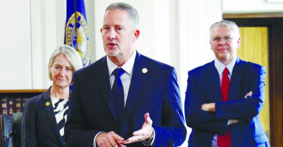 NEBRASKA SUPREME COURT CHIEF JUSTICE JEFFREY FUNKE speaks to those gathered in the Howard County Courthouse on Monday during the court’s summer tour across the central part of the state.