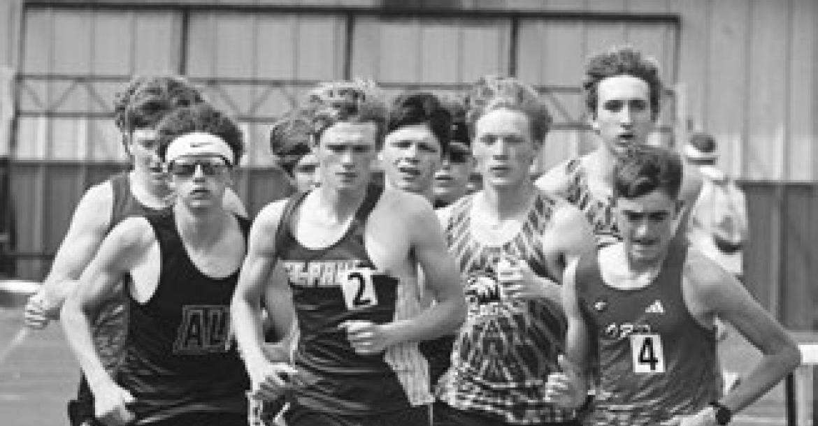 RYLAN RASMUSSEN led the pack in the boys’ two-mile run after the first lap on Thursday. Rasmussen placed second in that event in 10:13.26.