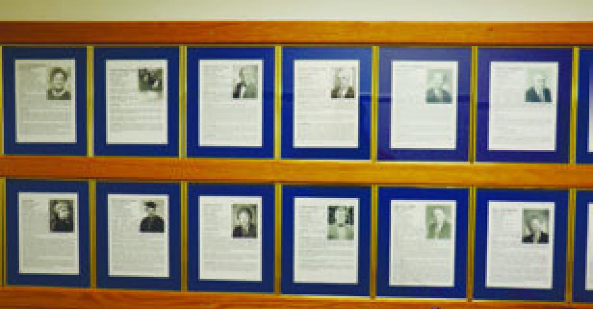 THE ACADEMIC WALL OF HONOR at the St. Paul Library currently includes thirty-two honorees. Photo by Michael Rother