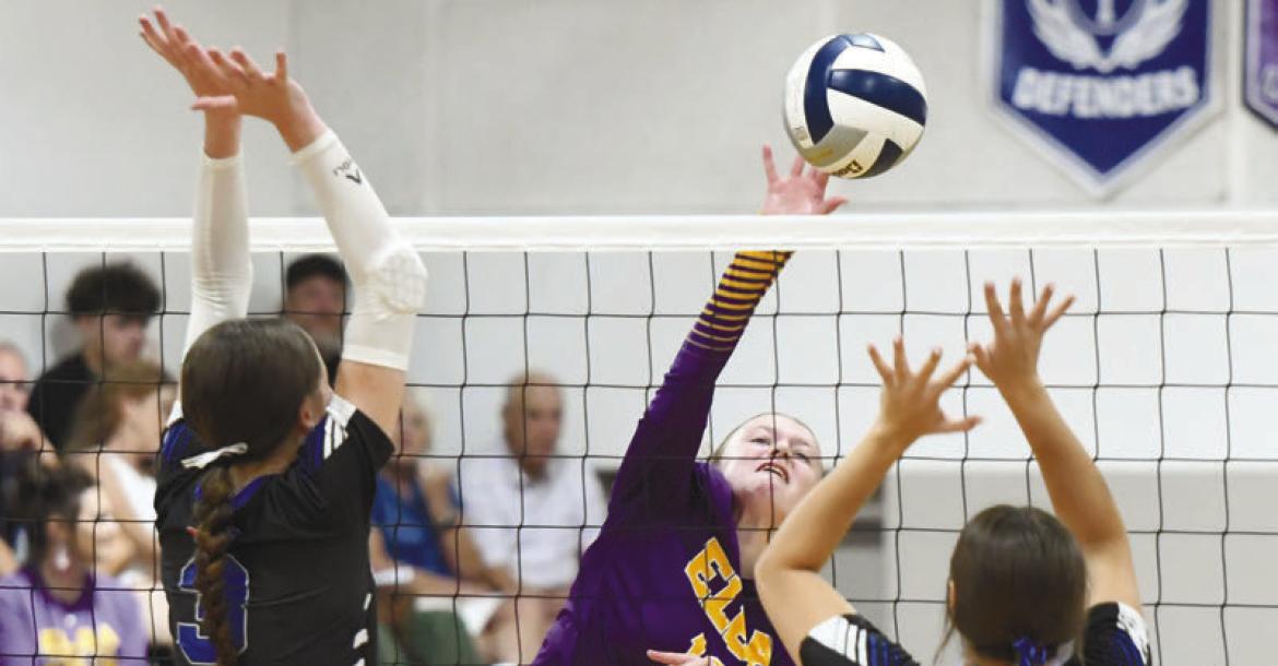 CHELSI MCKOSKI goes for a kill against Nebraska Christian’s defense during last week’s triangular with the Eagles and Gibbon. Elba beat Gibbon and took a set from Nebraska Christian. Photos by Jordan Coslor