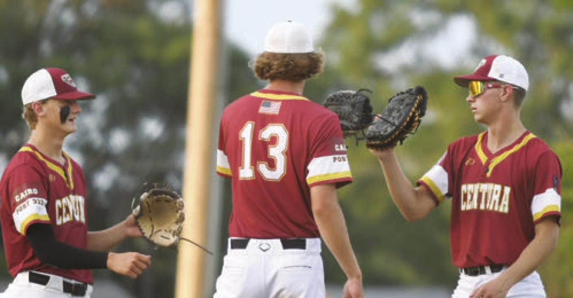 THE CENTURA infield celebrates after making an out in their game against Central City late last month.