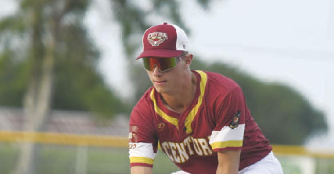FLETCHER FRIES fields a ground ball at first base in Centura’s “Battle of the Kernels” with Central City last Thursday at Kernel Field.