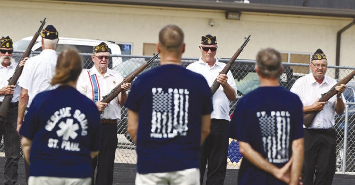MEMBERS OF THE ST. PAUL VOLUNTEER FIRE DEPARTMENT AND RESCUE SQUAD were among those honored during St. Paul’s remembrance ceremony marking the twenty-fifth anniversary of the terrorist attacks of September 11, 2001. Members of the Carl Mogensen American Legion Post rendered a twenty-one-gun salute during the observance.