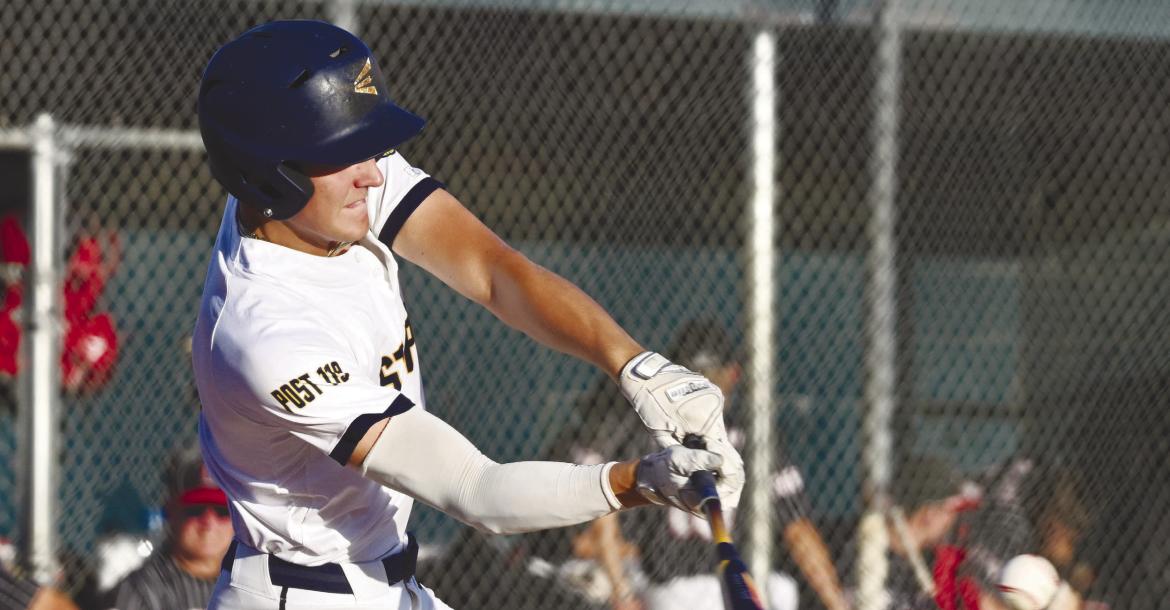 JAYDN THOMSEN tallied a hit in the Post 119 Seniors’ game against Ord last Wednesday night at Grover Cleveland Alexander Field in St. Paul. Ord topped St. Paul 8-6. Photo by Michael Happ
