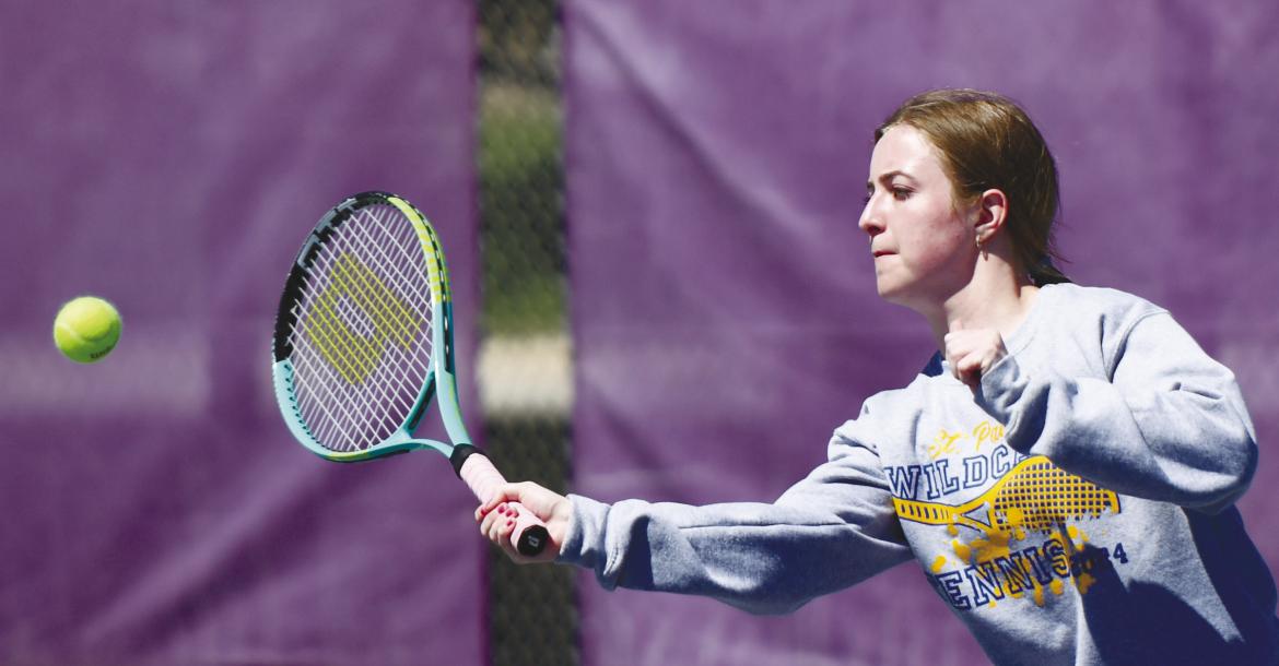 KATELYNN ALBERS attempts a pass during last Tuesday’s second singles match against Holdrege. Albers and her partner, Addison Brown, fell to the Dusters’ second duo 8-0. Photos by Jordan Coslor